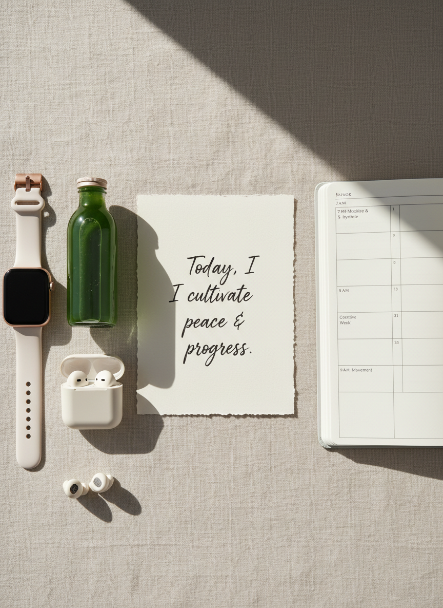 A carefully curated flat lay of a morning wellness routine arranged on a smooth sand-colored linen backdrop, featuring a sleek rose-gold smartwatch, a minimalist glass bottle of chlorophyll water, a pair of wireless earbuds in a matte cream case, a handwritten affirmation card in elegant script, and an open planner displaying a neatly organized daily schedule. Soft, diffused window light from the left creates delicate highlights on metal edges and gentle shadows along the paper grain. The composition follows the rule of thirds with intentional negative space, captured from a directly overhead, bird’s-eye perspective in clean photographic realism. The mood is intentional, calm, and aspirational, reflecting elevated everyday living and thoughtful self-care rituals.
